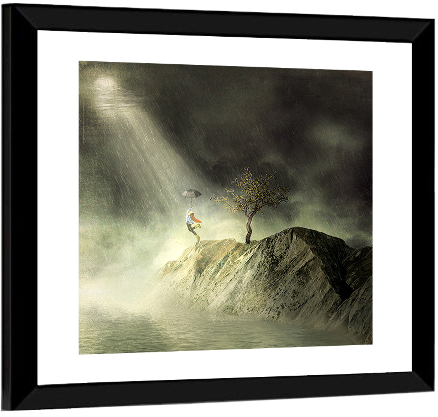 Girl on Cliff in Rain Wall Art