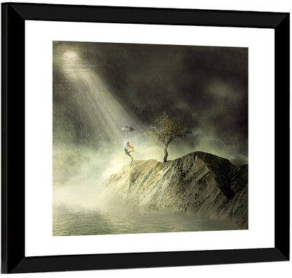 Girl on Cliff in Rain Wall Art