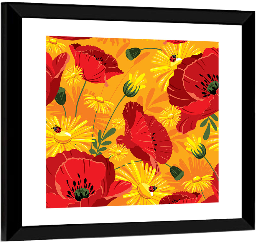 Bright Poppies and Daisies Pattern Wall Art