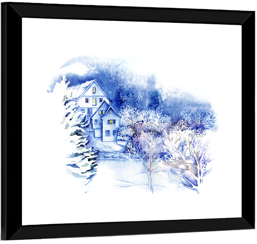 Snowy Village Watercolor Scene Wall Art