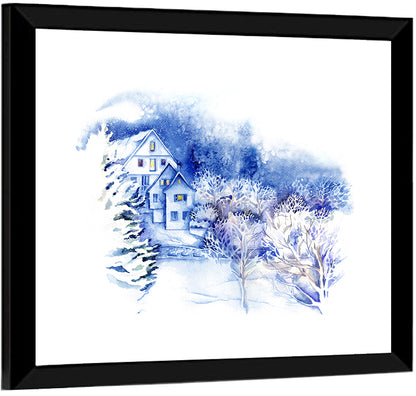 Snowy Village Watercolor Scene Wall Art