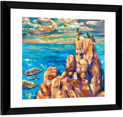 Cliffside Seascape with Perched Birds Wall Art