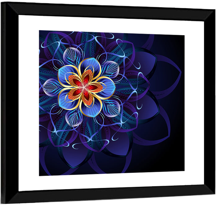 Blue Fractal Mandala Flower Wall Art as a framed print