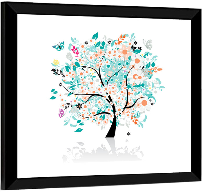 Whimsical Floral Tree Illustration Wall Art as a framed print