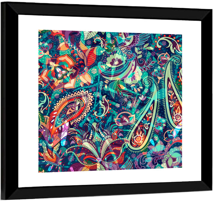 Bohemian Paisley Floral Pattern Wall Art as a framed print
