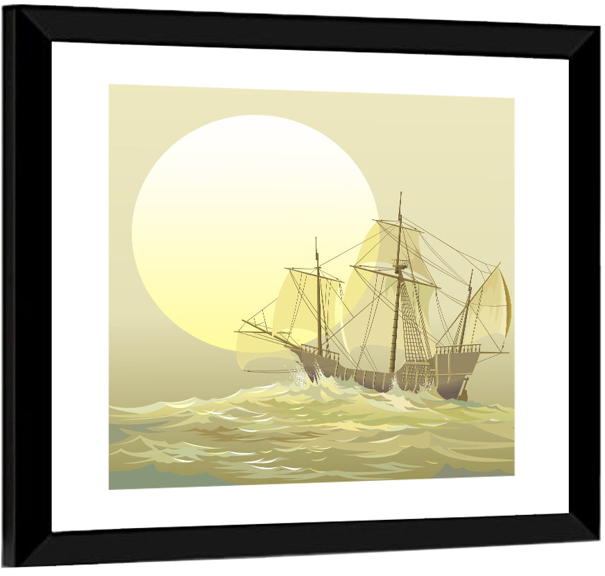 Sailing Ship Beneath Golden Sun Wall Art