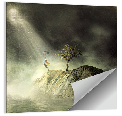 Girl on Cliff in Rain Wall Art