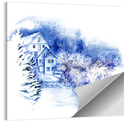Snowy Village Watercolor Scene Wall Art