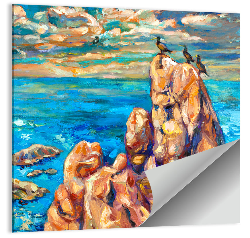 Cliffside Seascape with Perched Birds Wall Art