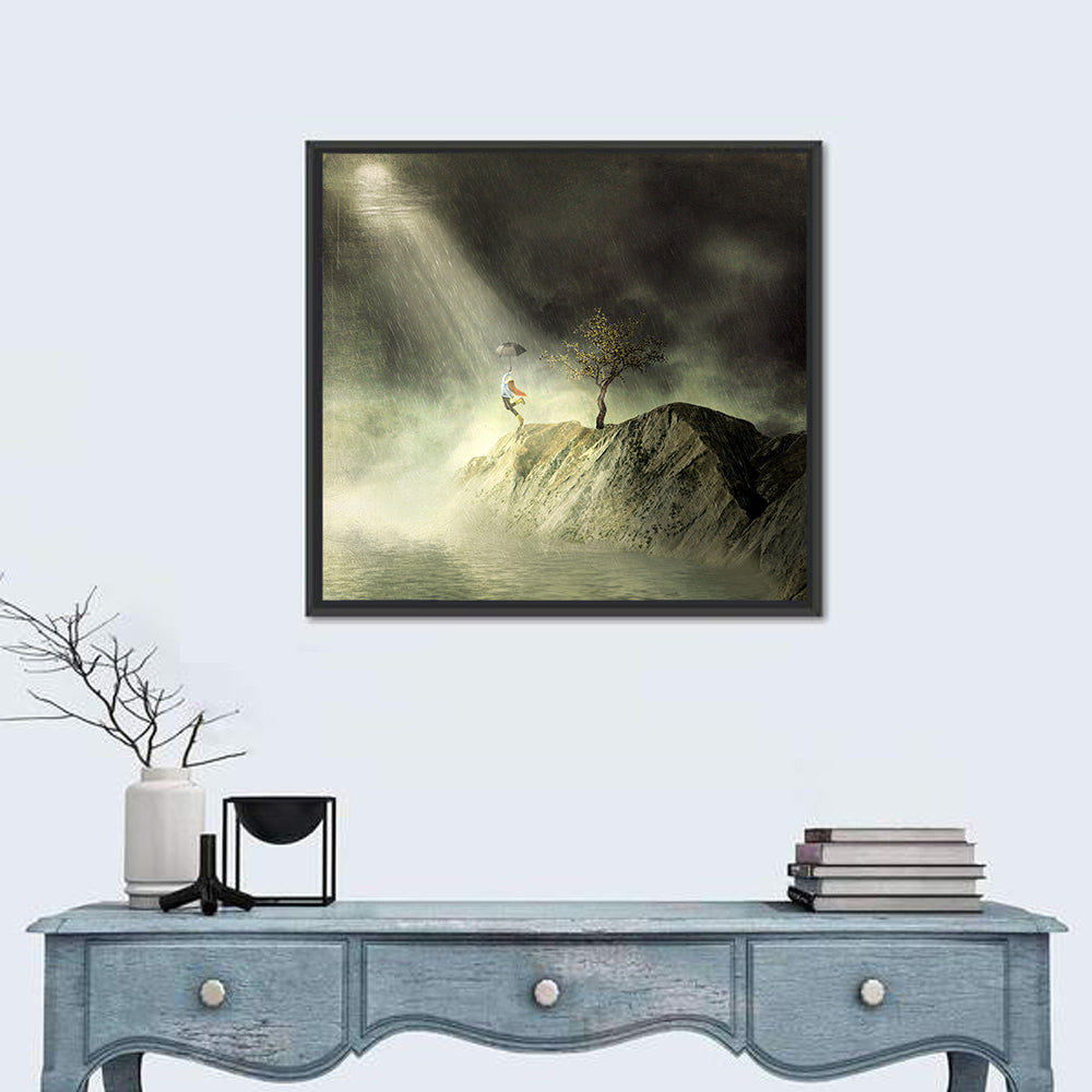 Girl on Cliff in Rain Wall Art