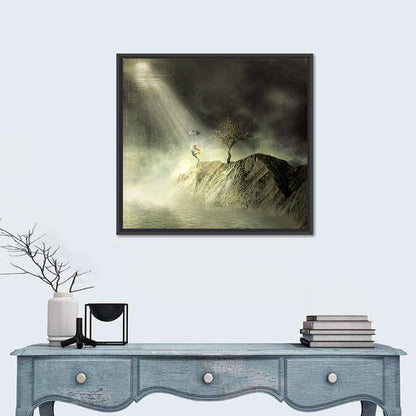 Girl on Cliff in Rain Wall Art