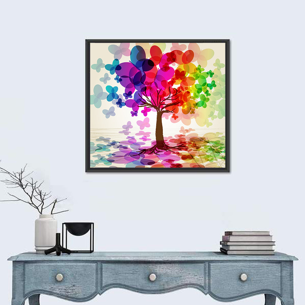 Rainbow Butterfly Tree Wall Art in a room, square