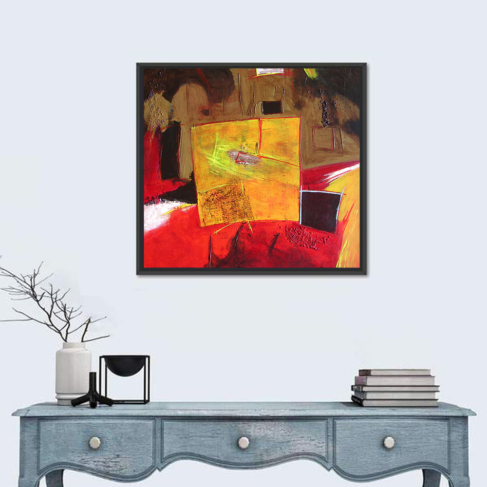 Geometric Abstract in Red and Yellow Wall Art in a room, square