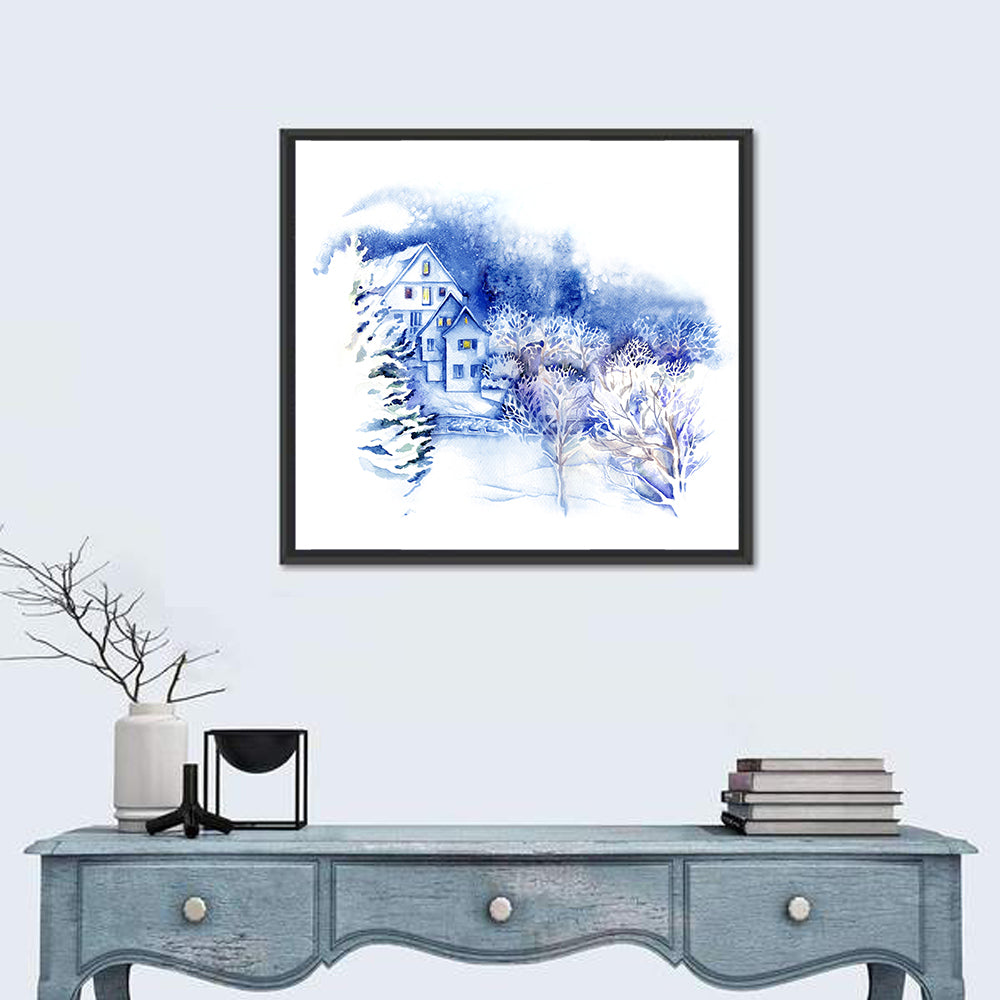 Snowy Village Watercolor Scene Wall Art