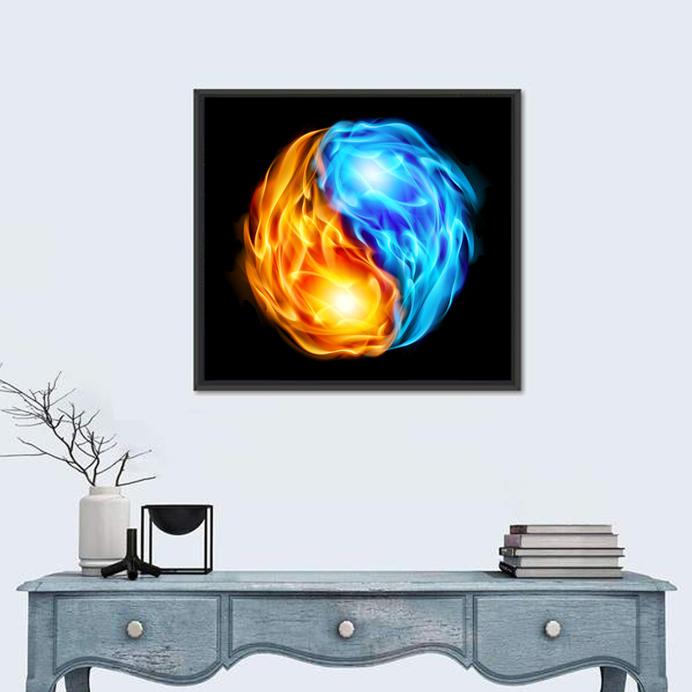 Flaming Yin Yang Symbol Wall Art in a room, square