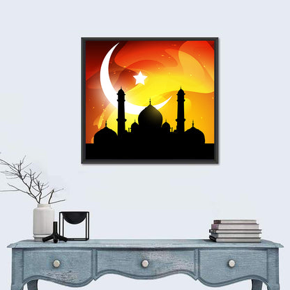 Moonlit Mosque Silhouette Illustration Wall Art