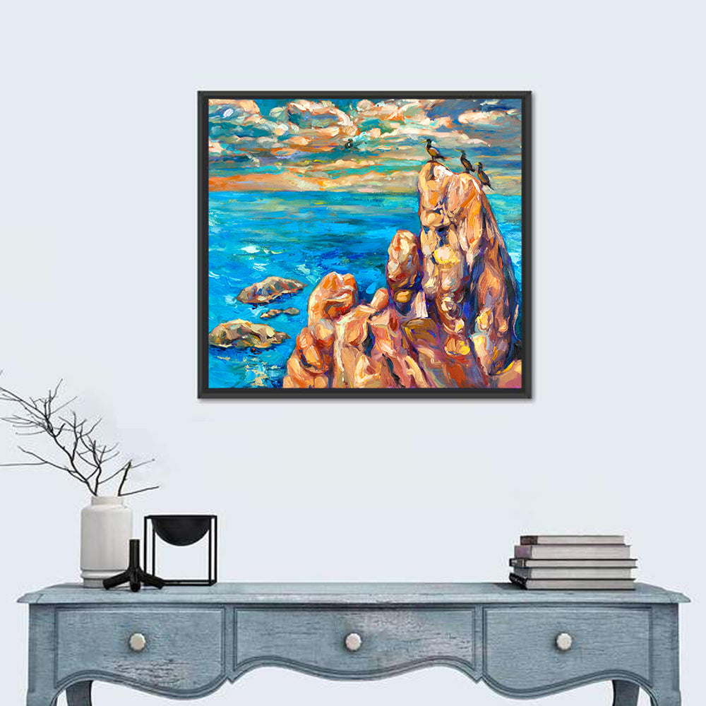 Cliffside Seascape with Perched Birds Wall Art