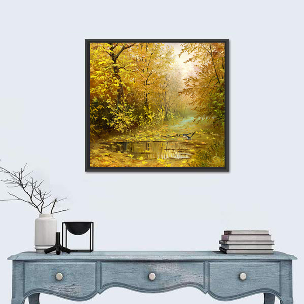 Golden Pond in Autumn Forest Wall Art
