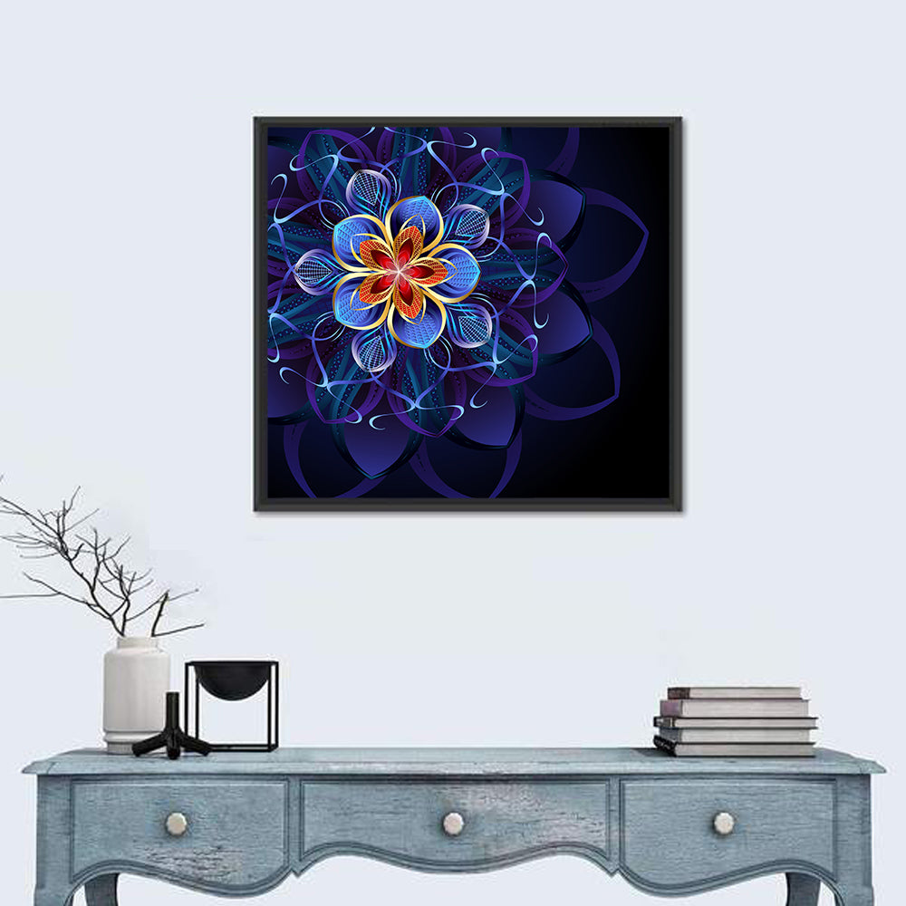 Blue Fractal Mandala Flower Wall Art in a room, square
