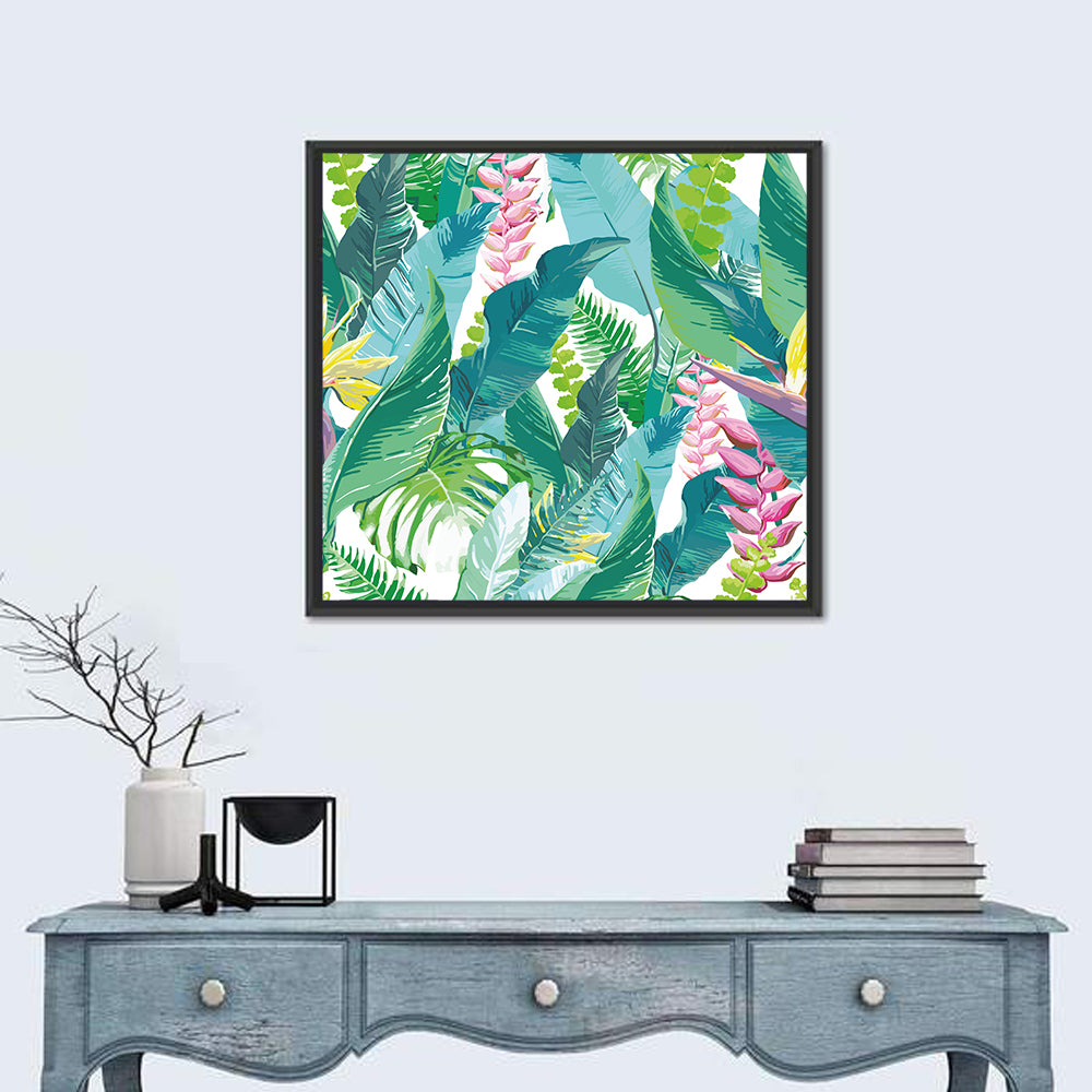 Tropical Leaves and Flowers Pattern Wall Art in a room, square