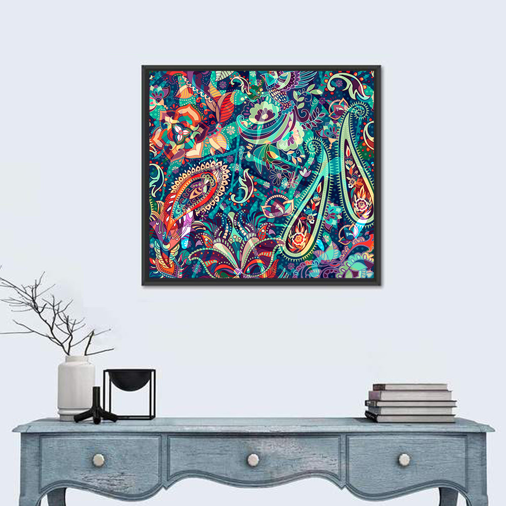 Bohemian Paisley Floral Pattern Wall Art in a room, square