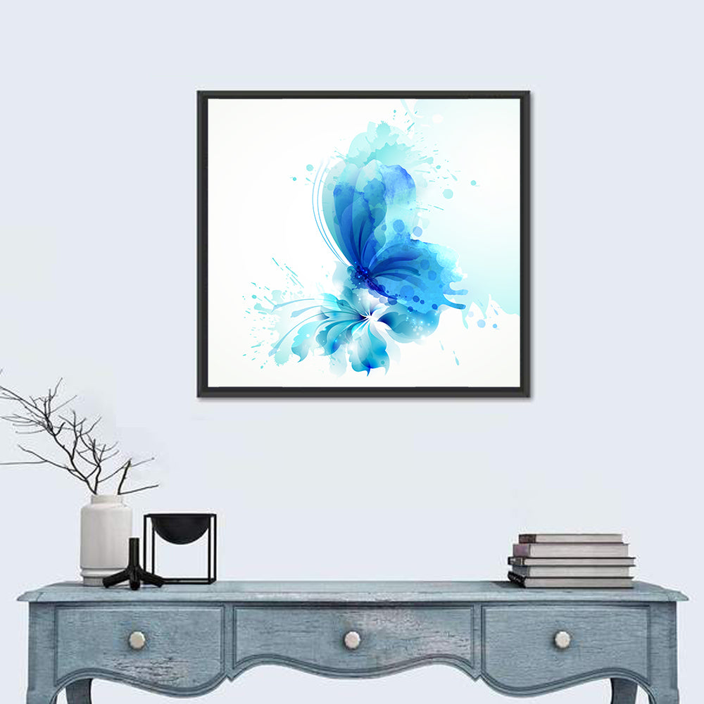 Blue Watercolor Butterfly Wall Art in a room, square