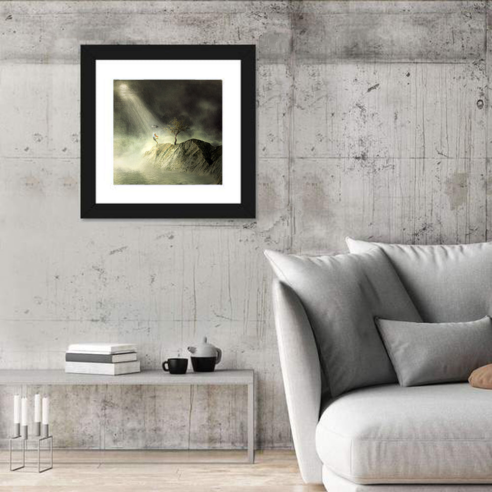 Girl on Cliff in Rain Wall Art