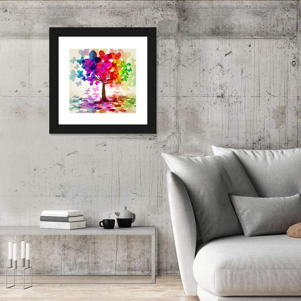 Rainbow Butterfly Tree Wall Art in a room, square