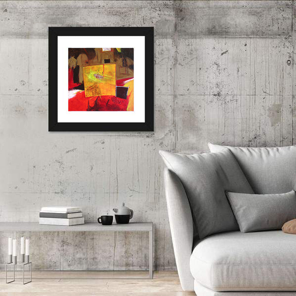 Geometric Abstract in Red and Yellow Wall Art in a room, square