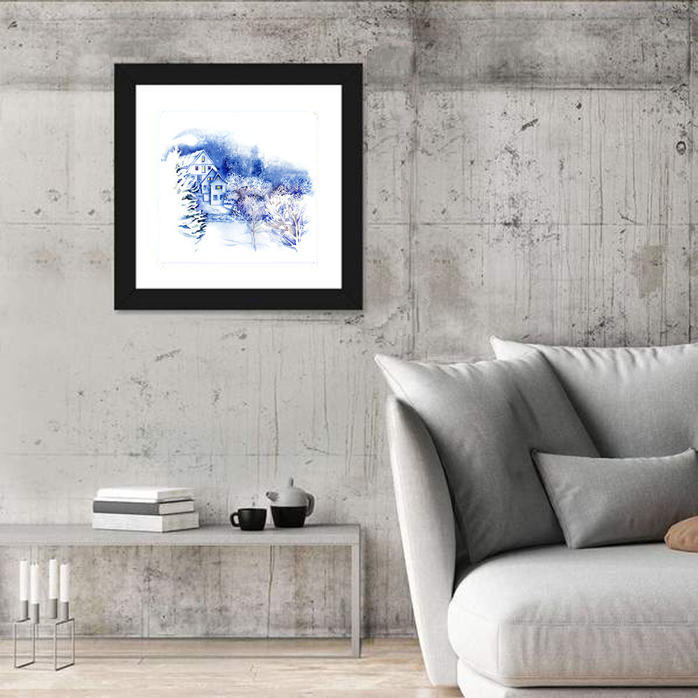 Snowy Village Watercolor Scene Wall Art in a room, square