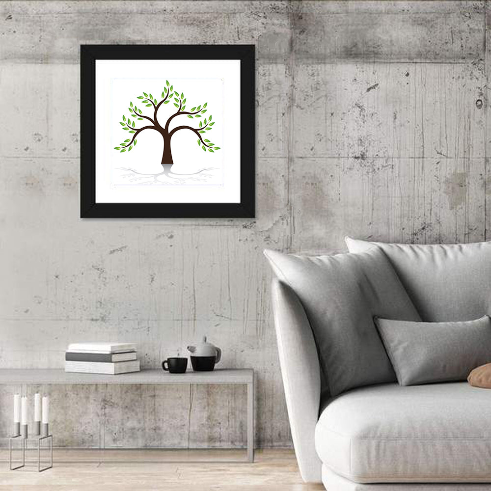 Green Tree with Reflection Illustration Wall Art in a room, square