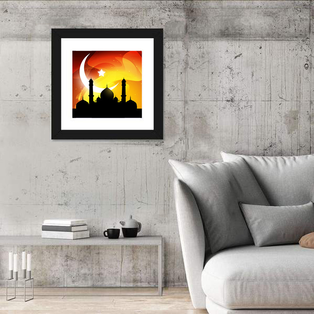 Moonlit Mosque Silhouette Illustration Wall Art in a room, square