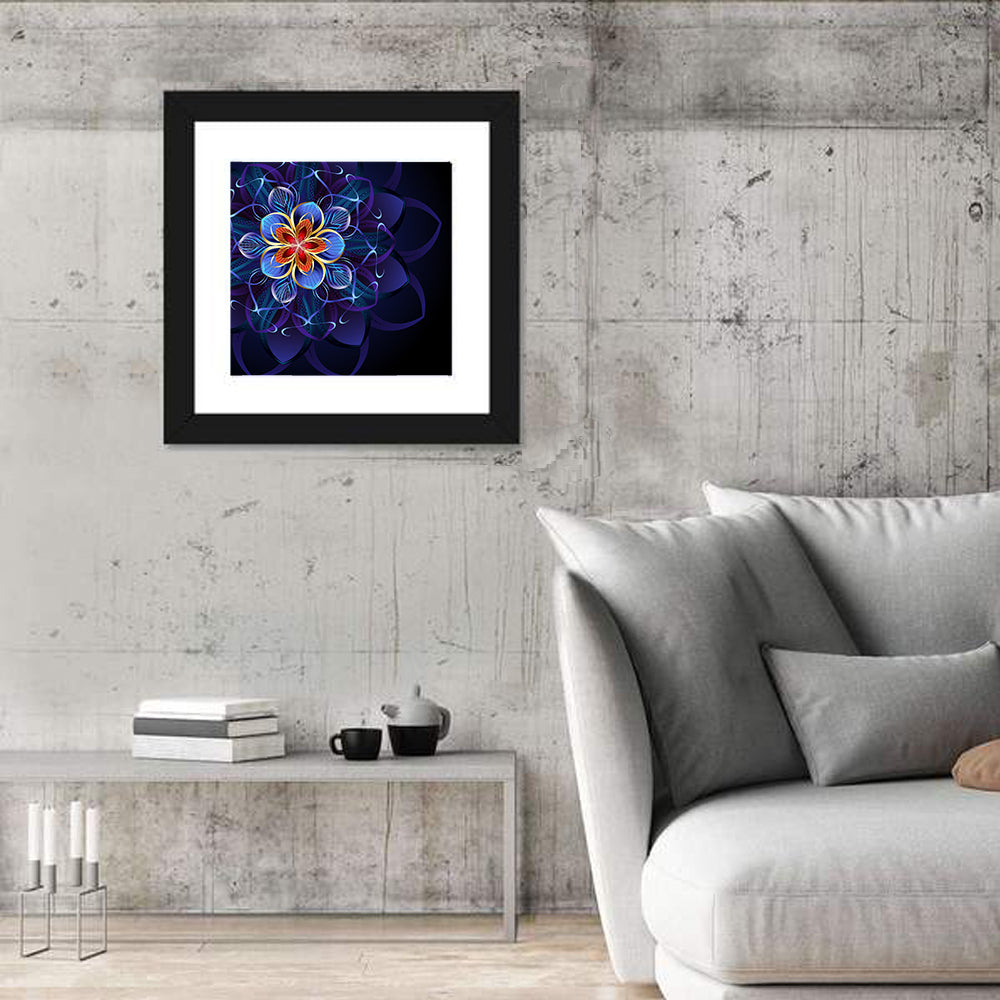 Blue Fractal Mandala Flower Wall Art in a room, square