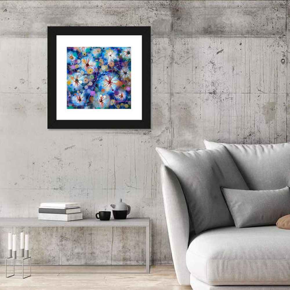Blue Watercolor Floral Abstraction Wall Art in a room, square